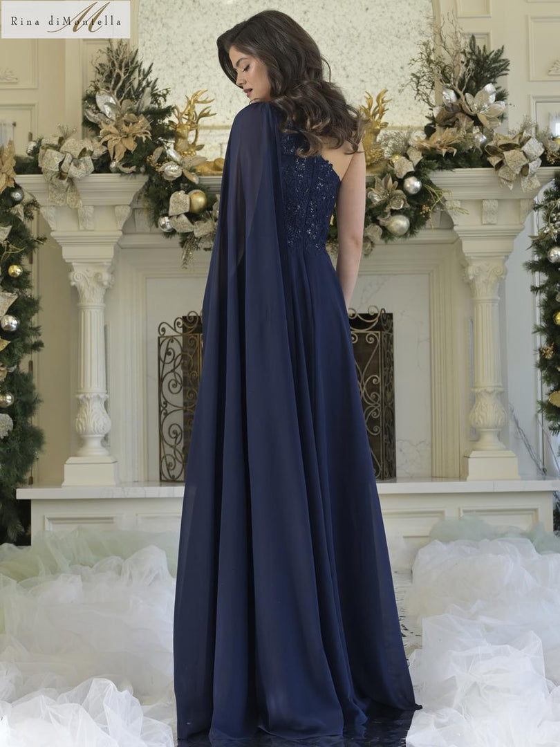 Rina di Montella One Shoulder Drape Long Dress RD3354