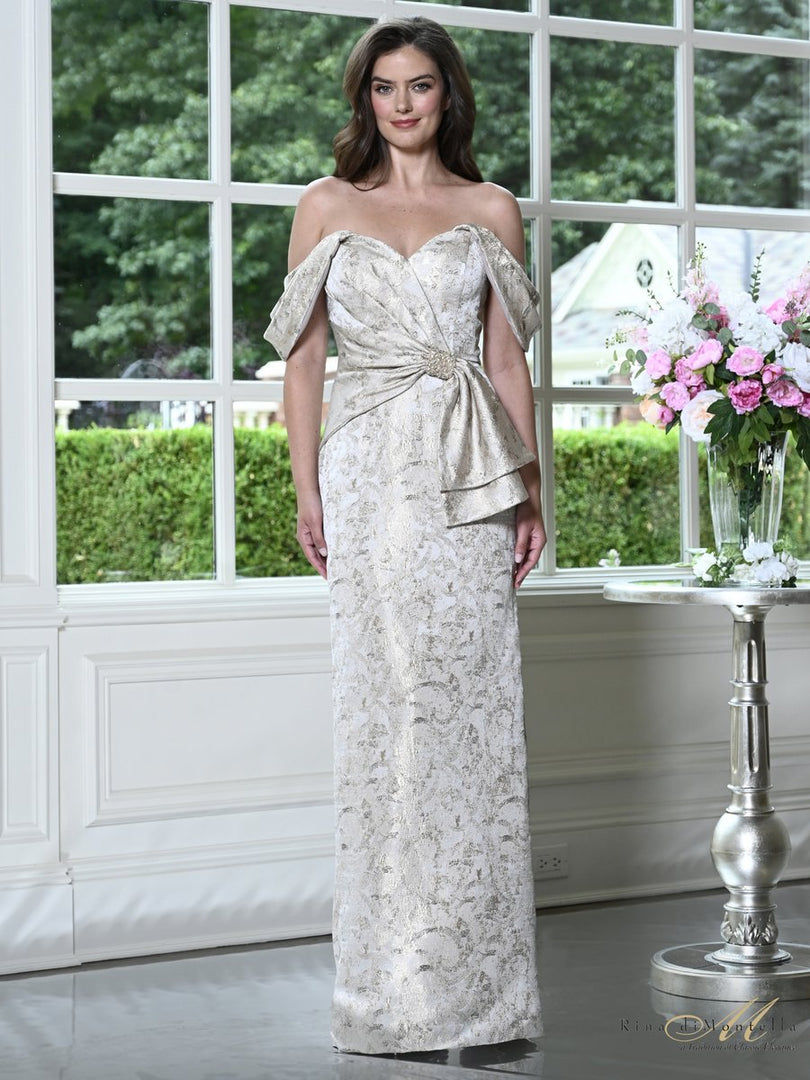 Rina Di Montella Off Shoulder Jacquard Sheath Gown RD3609