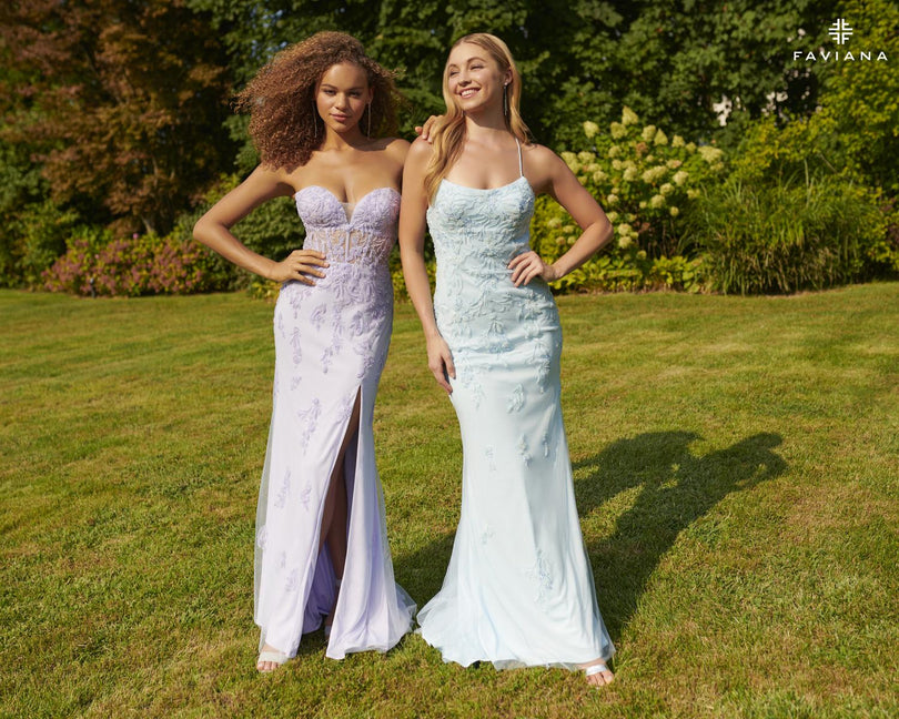 faviana white prom dress Strapless Floral-Print Sequin Prom Dress with Slit Ivory Floral / 10