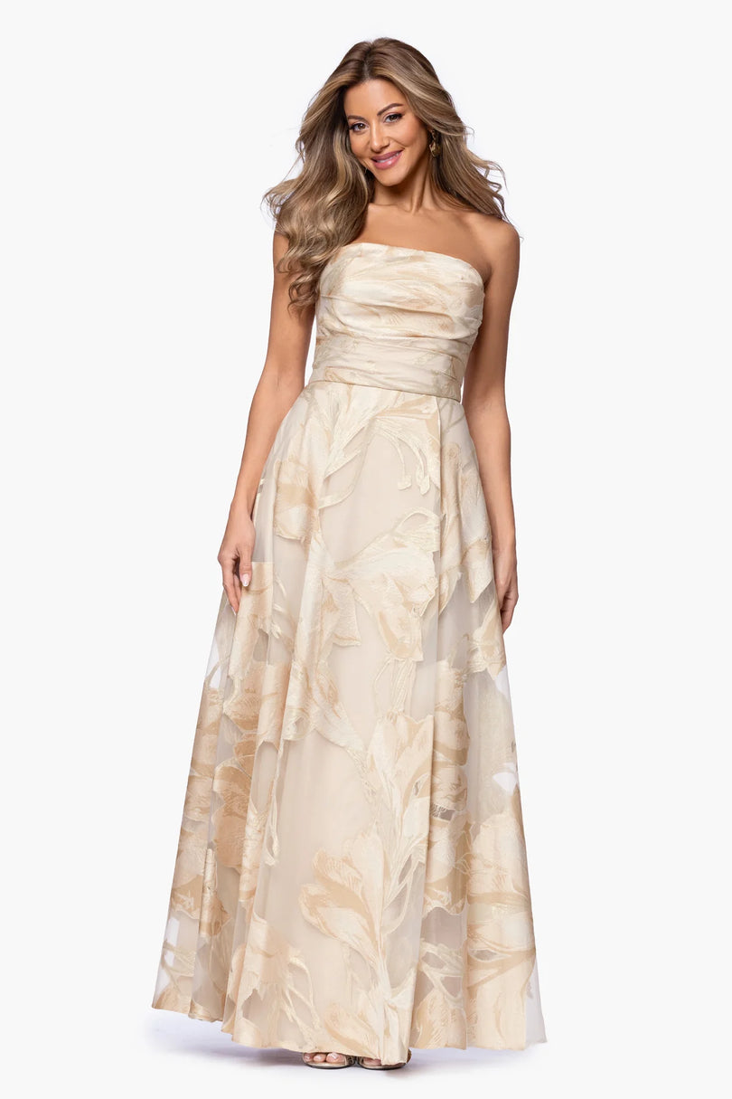 Xscape Strapless Jacquard Long Evening Dress 7423X