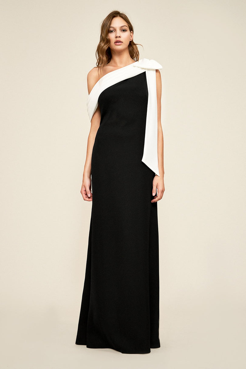 Tadashi Shoji Cassia Bow-Shoulder Crepe Evening Gown ALG1837 Tadashi Shoji Cassia Bow-Shoulder Crepe Evening Gown ALG1837