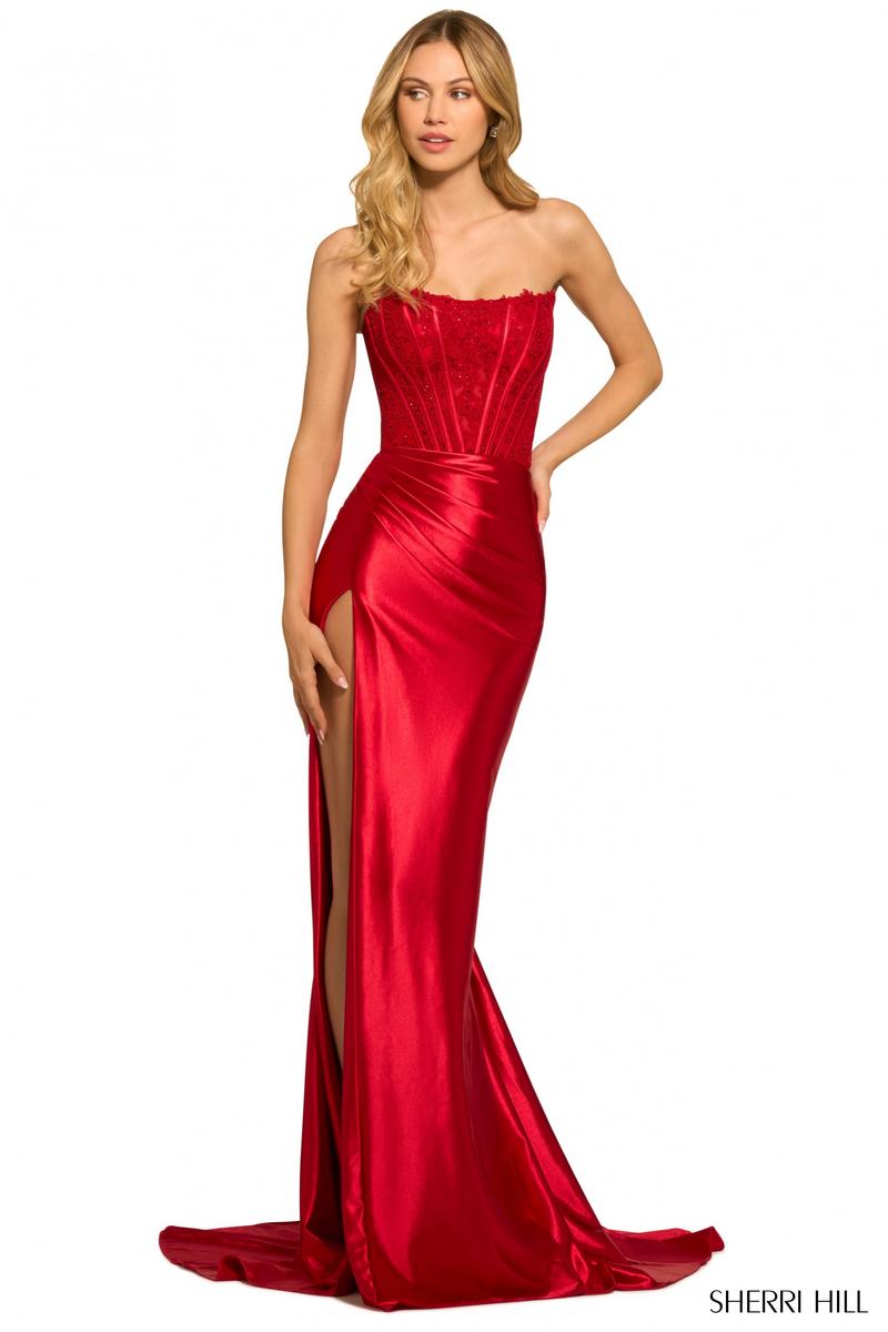 Sherri Hill Strapless Lace Corset Gown 55419 Sherri Hill Strapless Lace Corset Gown 55419