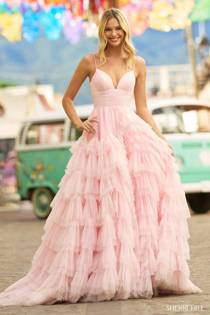 Sherri Hill V-Neck Ruffle Ball Gown Prom Dress 55461
