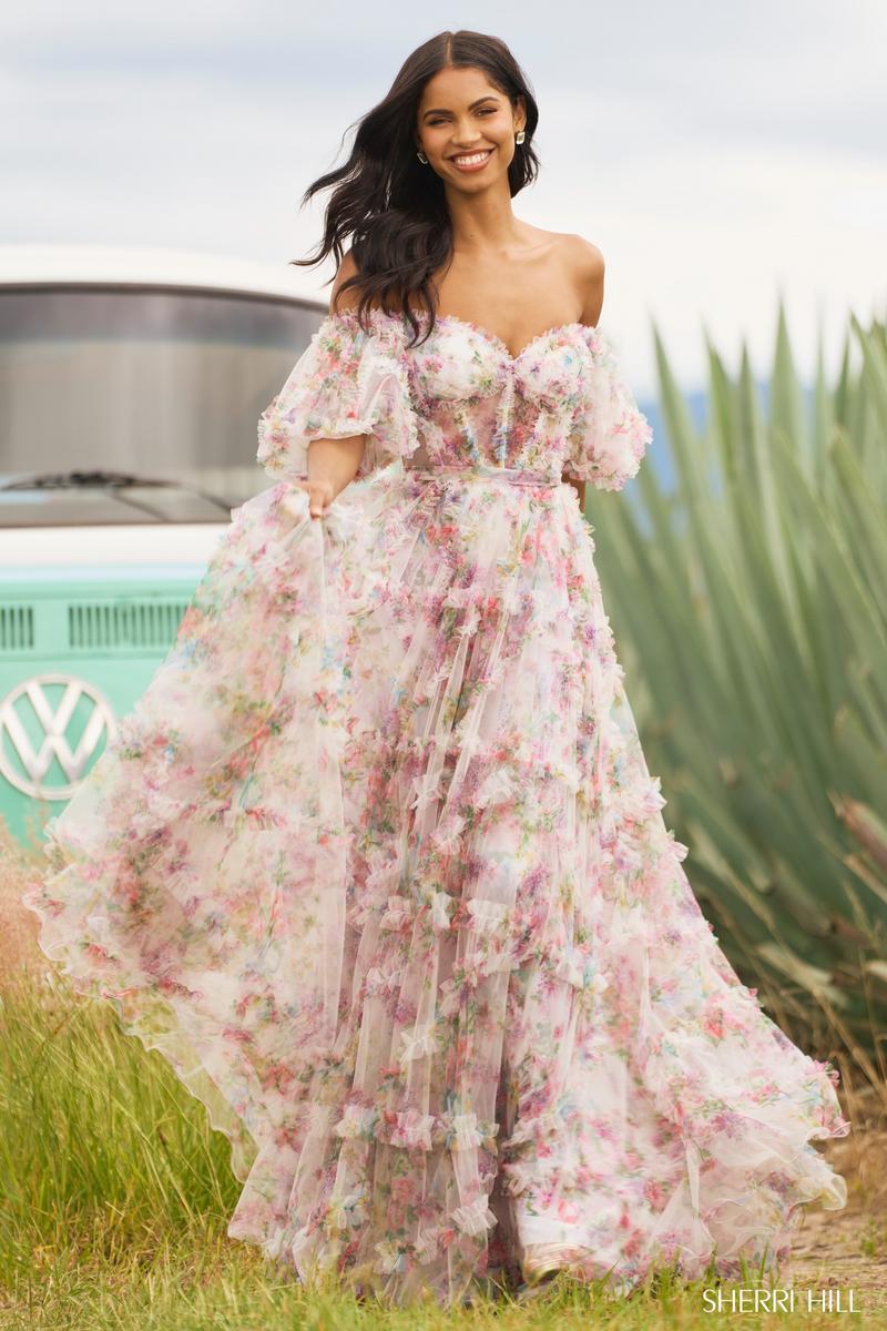 Sherri Hill Floral Print Ruffle Dress 55541 Sherri Hill Floral Print Ruffle Dress 55541