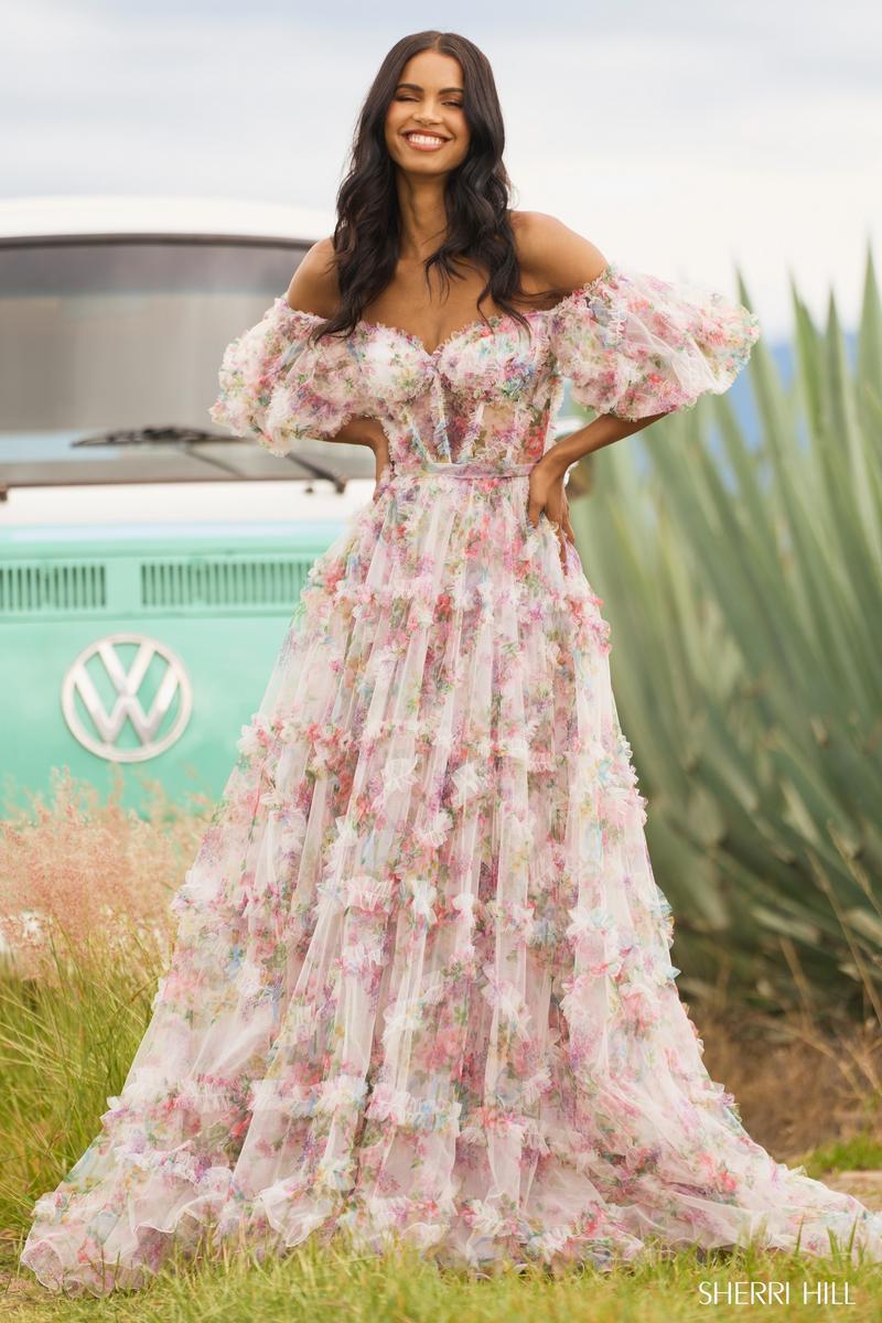 Sherri Hill Floral Print Ruffle Dress 55541 Sherri Hill Floral Print Ruffle Dress 55541