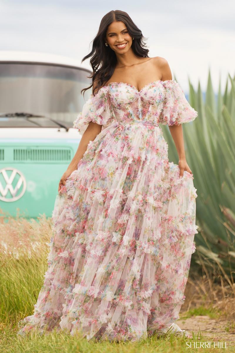 Sherri Hill Floral Print Ruffle Dress 55541 Sherri Hill Floral Print Ruffle Dress 55541