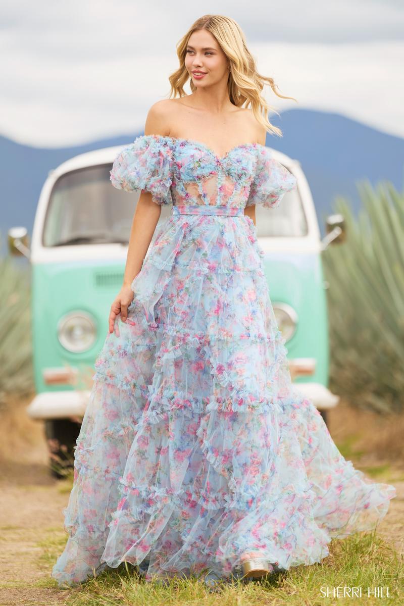 Sherri Hill Floral Print Ruffle Dress 55541 Sherri Hill Floral Print Ruffle Dress 55541