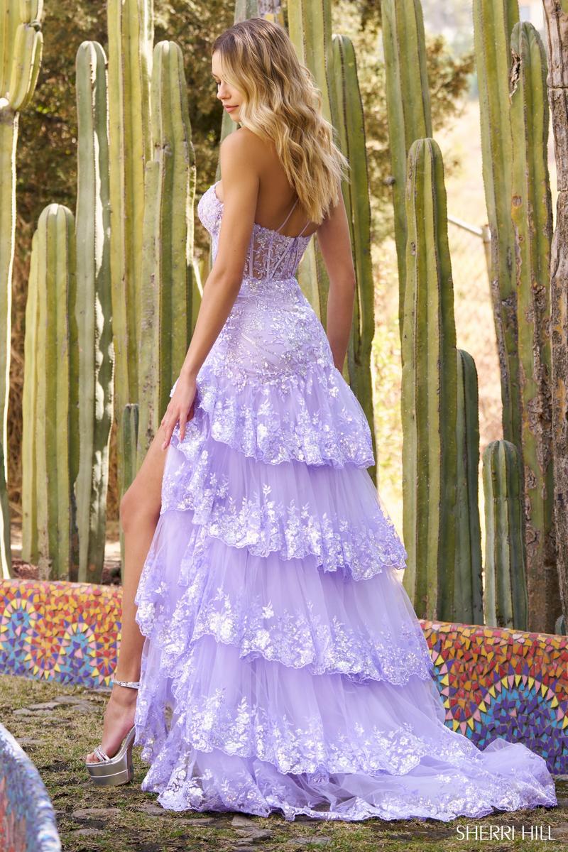 sherri hill purple ruffle dress Sherri Hill Purple Print Prom Dress 57692 IVORY/PURPLE GREEN Print / 16