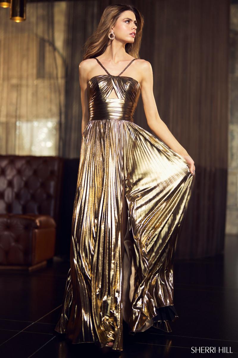 Sherri Hill Pleated Metallic Prom Dress 55930 Champagne / 8 Sherri Hill Pleated Metallic Prom Dress 55930 Champagne / 8
