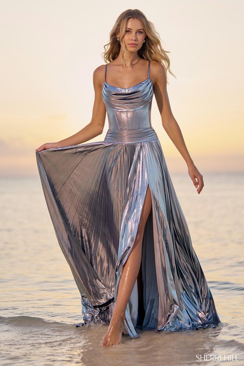 Sherri Hill Metallic Pleated Prom Dress 56020