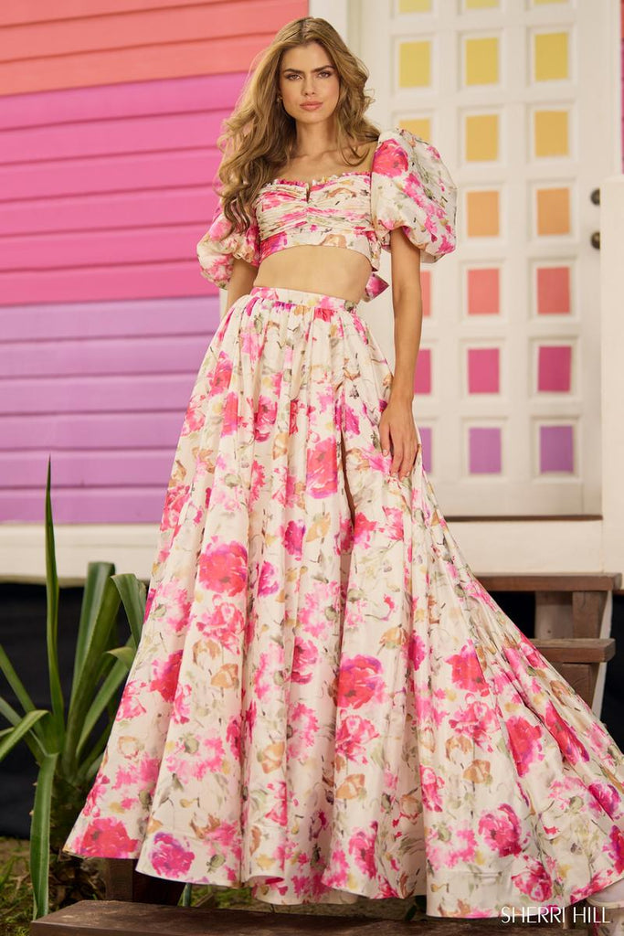 Sherri Hill Two Piece Floral Print Taffeta Prom Dress 56082