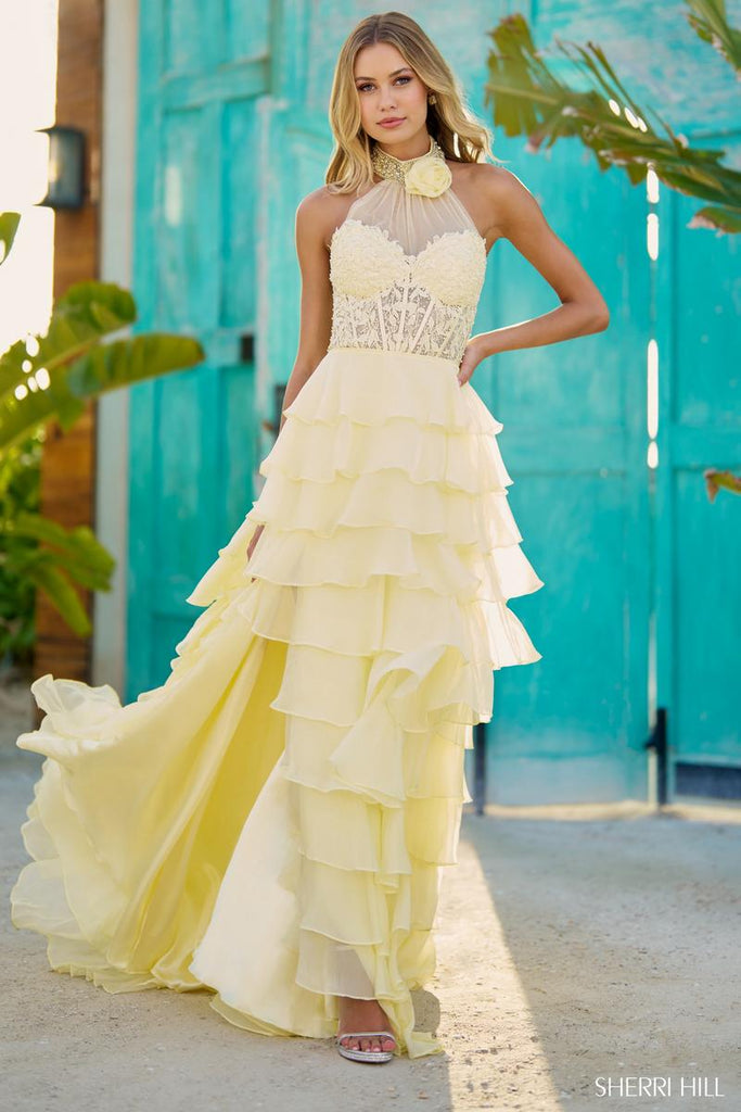 Sherri Hill Tiered Chiffon Beaded Choker Prom Dress 56083