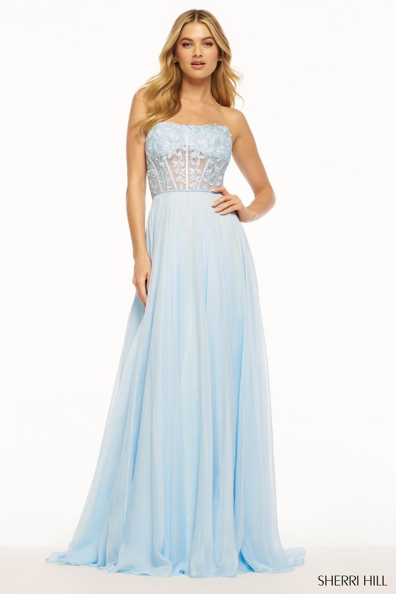 Sherri Hill Strapless Chiffon Lace Prom Dress 56088