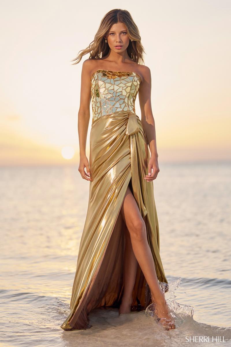 Sherri Hill Strapless Cut Glass Metallic Prom Dress 56094 Sherri Hill Strapless Cut Glass Metallic Prom Dress 56094