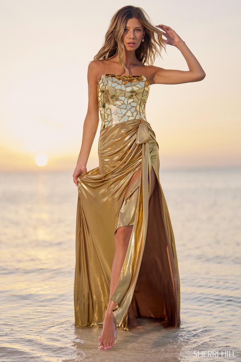Sherri Hill Strapless Cut Glass Metallic Prom Dress 56094