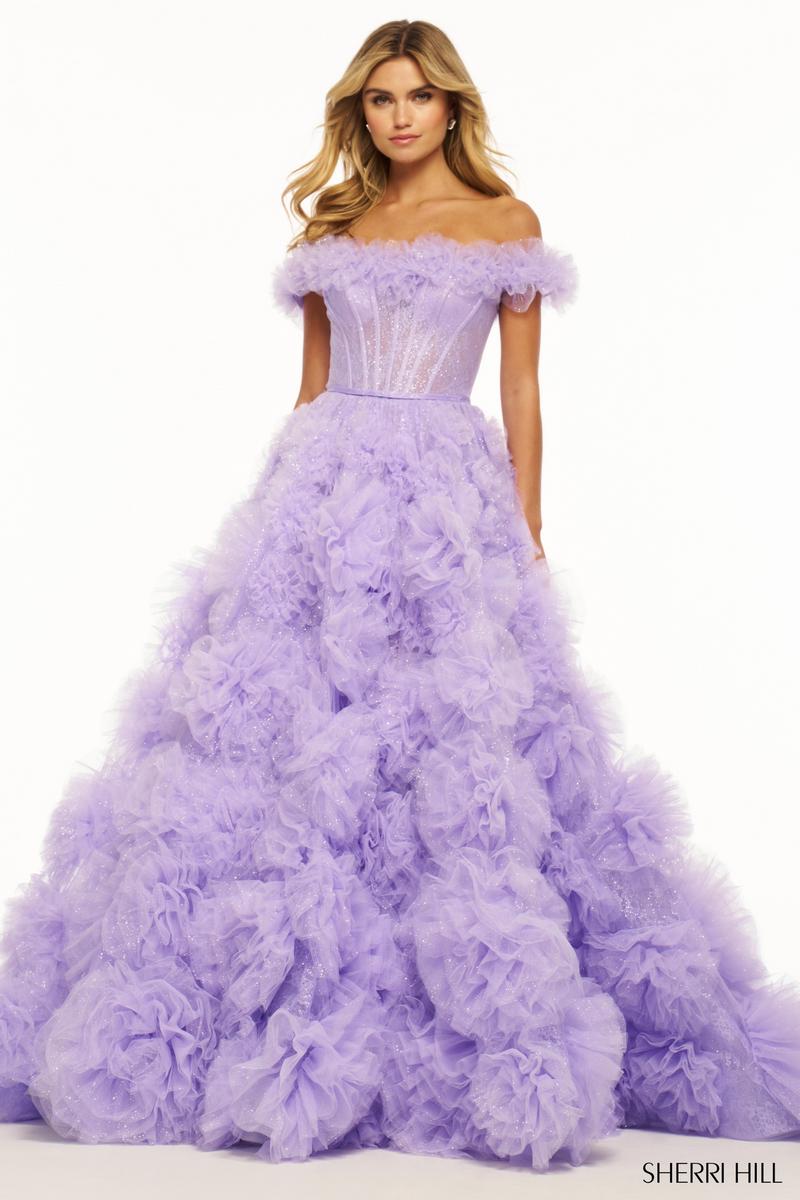 sherri hill purple prom dress Sherri Hill Off Shoulder Sparkle Tulle Prom Dress 56095