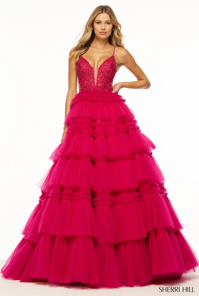 Sherri Hill Ruffle Tulle and Lace Ball Gown Prom Dress 56102