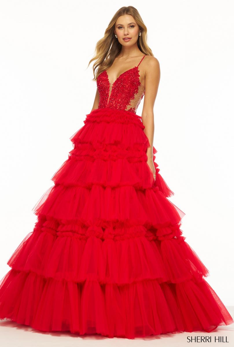 Sherri Hill Ruffle Tulle and Lace Ball Gown Prom Dress 56102