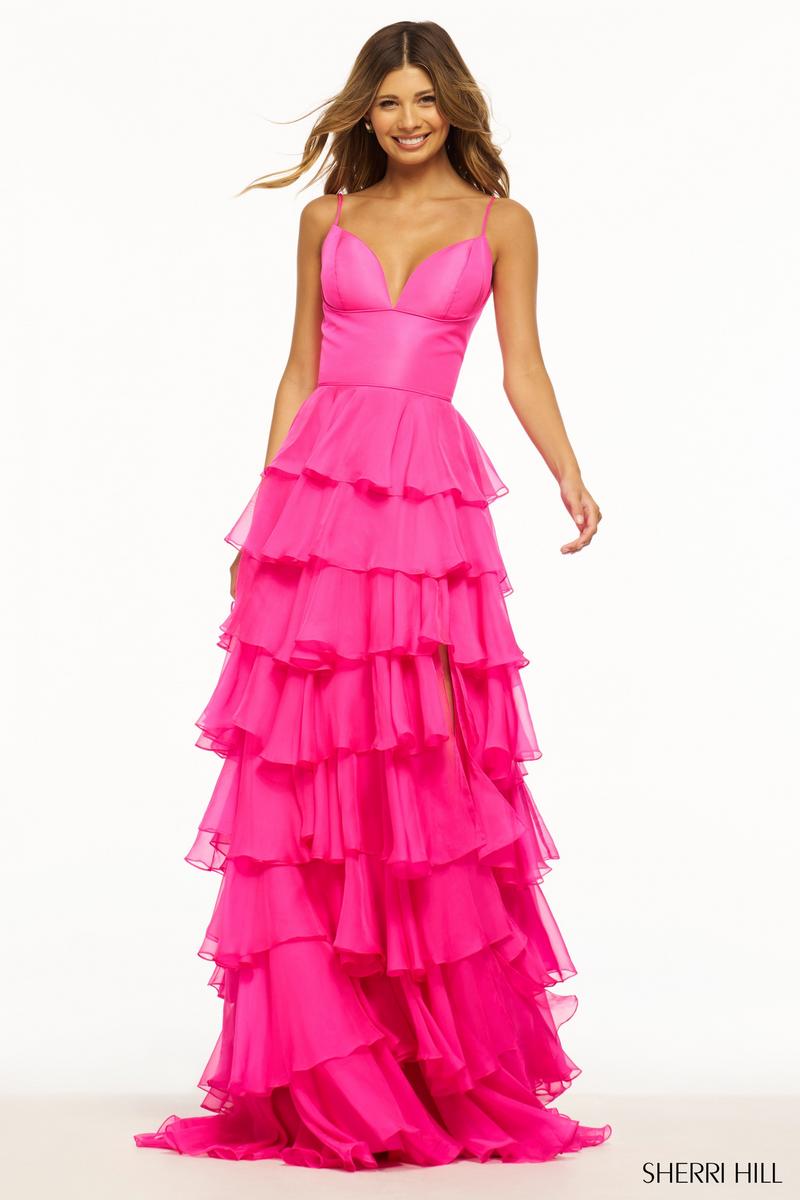 Sherri Hill Chiffon Tiered Ruffle Skirt Prom Dress 56108 Bright Pink / 10 Sherri Hill Chiffon Tiered Ruffle Skirt Prom Dress 56108 Bright Pink / 10