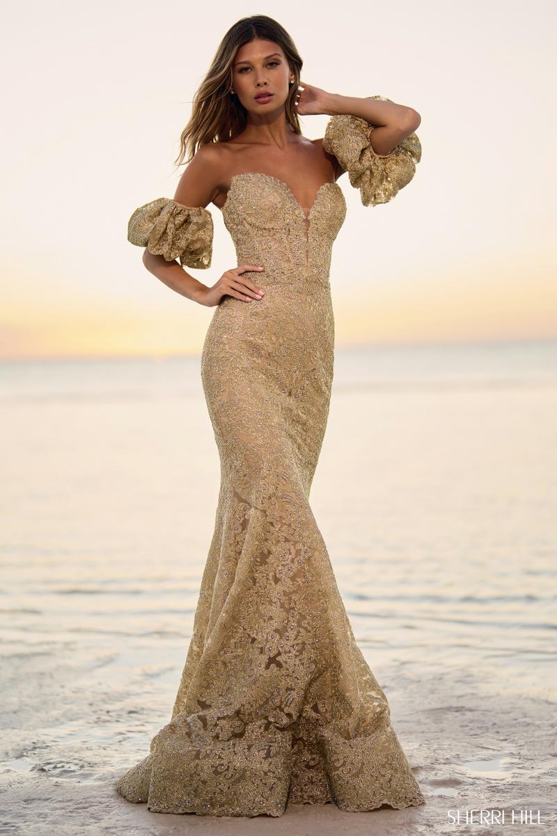 Sherri Hill Puff Sleeve Lace Prom Dress 56121