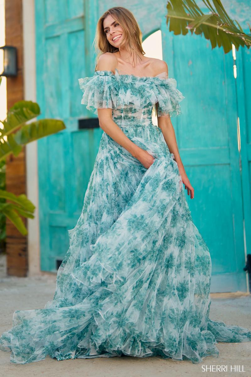 Sherri Hill Floral Off the Shoulder Ruffle Prom Dress 56128