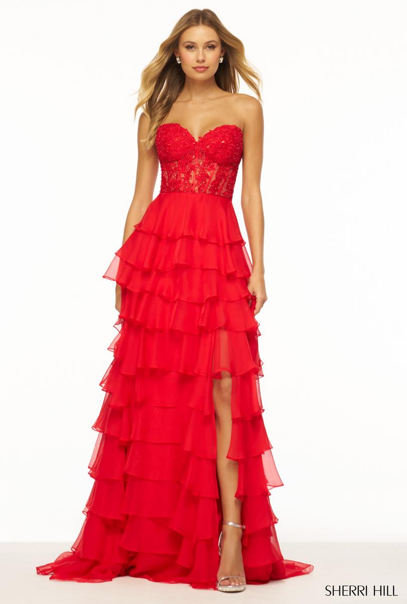 ruffle corset dress in red Flirty Corset Mini with Rosette hem