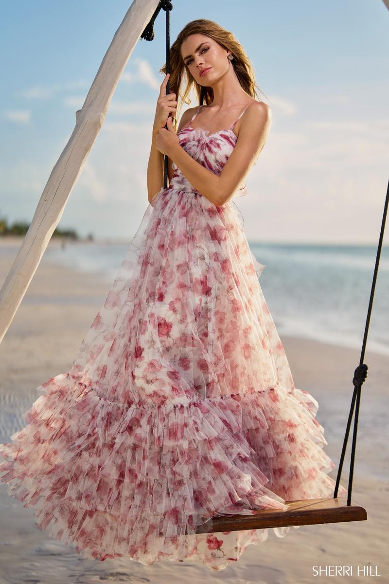 Sherri Hill Rose Print Keyhole Halter Prom Dress 56172
