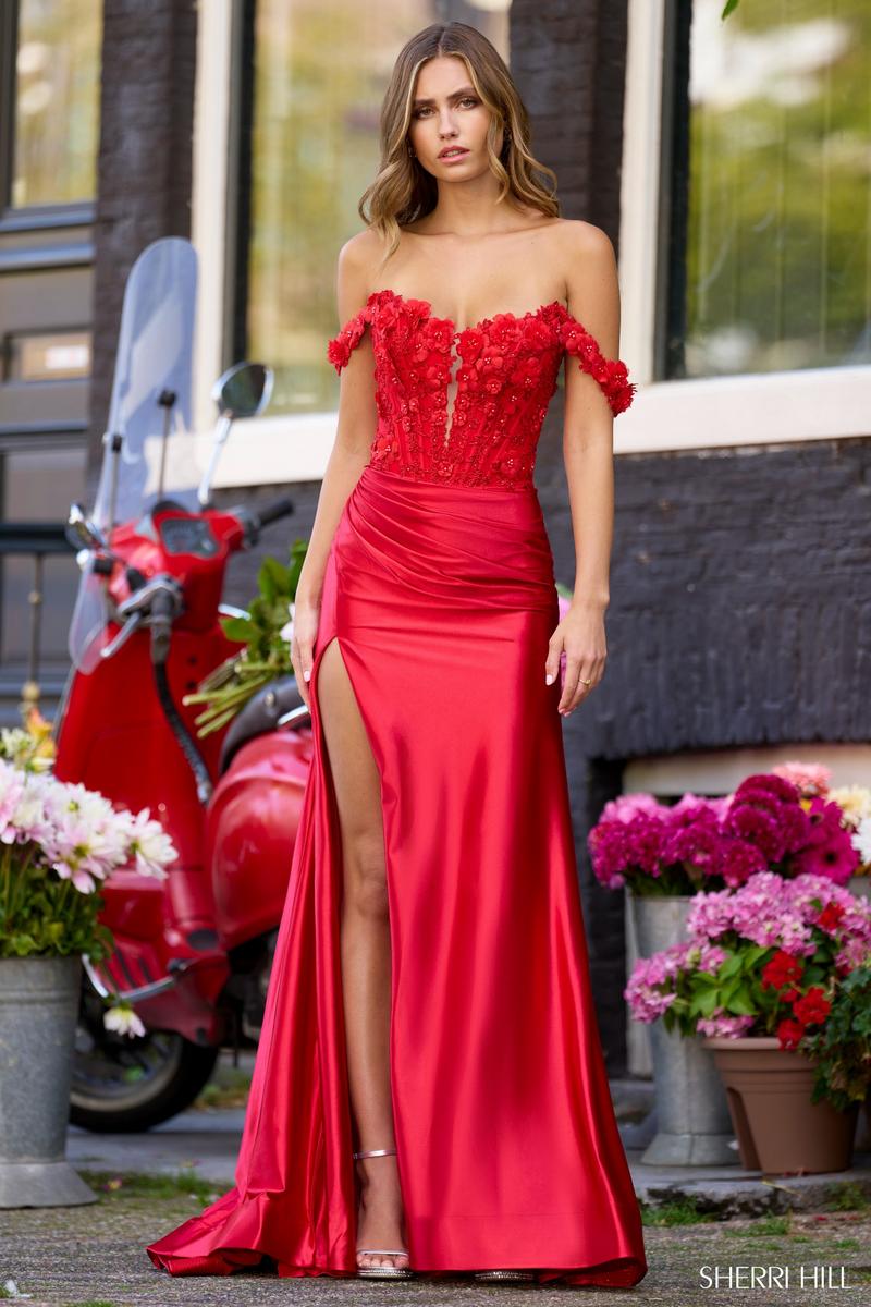 Sherri Hill Floral Corset Satin Prom Dress 56176 Red / 4 Sherri Hill Floral Corset Satin Prom Dress 56176 Red / 4