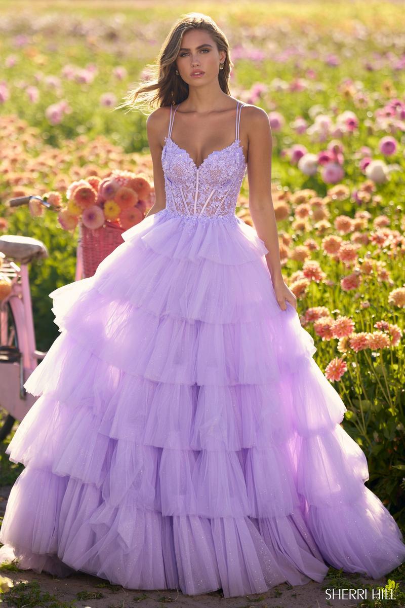 Purple Tulle Beaded Long Prom Dress, V Neck Spaghetti Strap Evening Dr