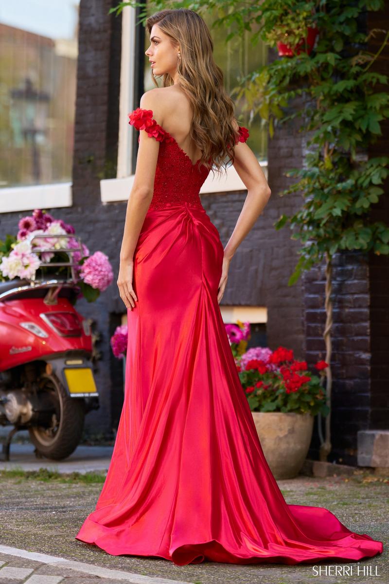 Sherri Hill Fitted Satin Off Shoulder Prom Dress 56200