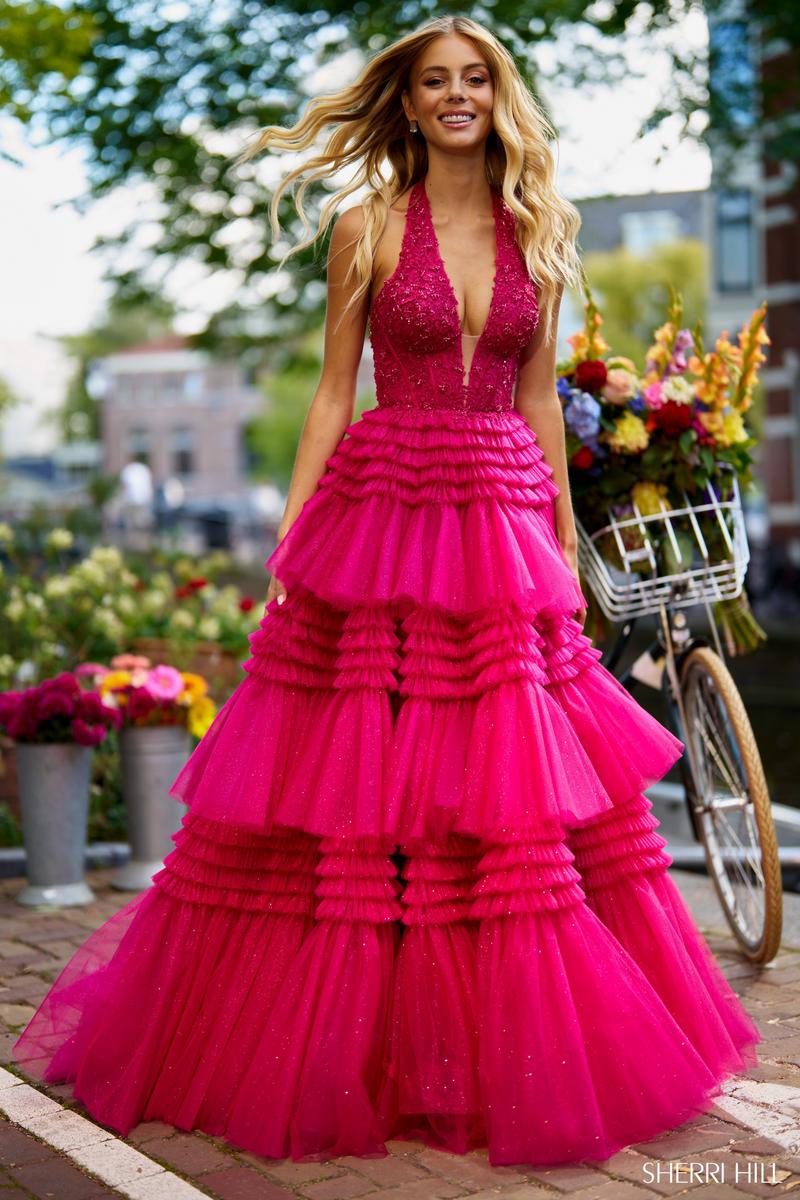 Sherri Hill Tulle Ruffle Halter Prom Dress 56206 Sherri Hill Tulle Ruffle Halter Prom Dress 56206
