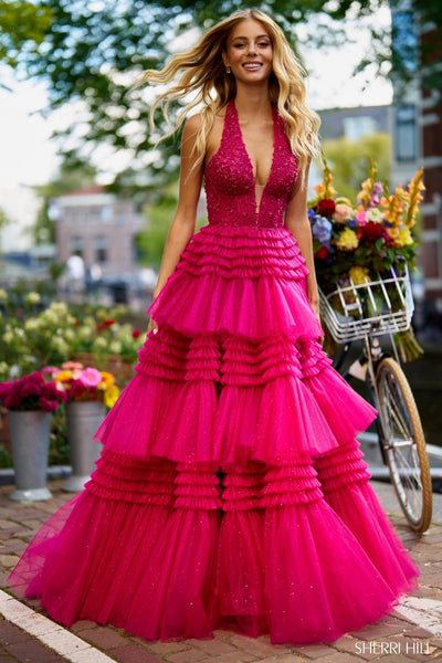 Sherri Hill Tulle Ruffle Halter Prom Dress 56206