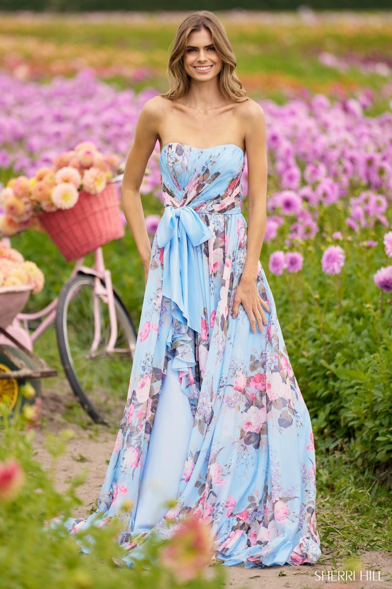 Sherri Hill Strapless Flowy Floral Print Prom Dress 56234 – Terry Costa