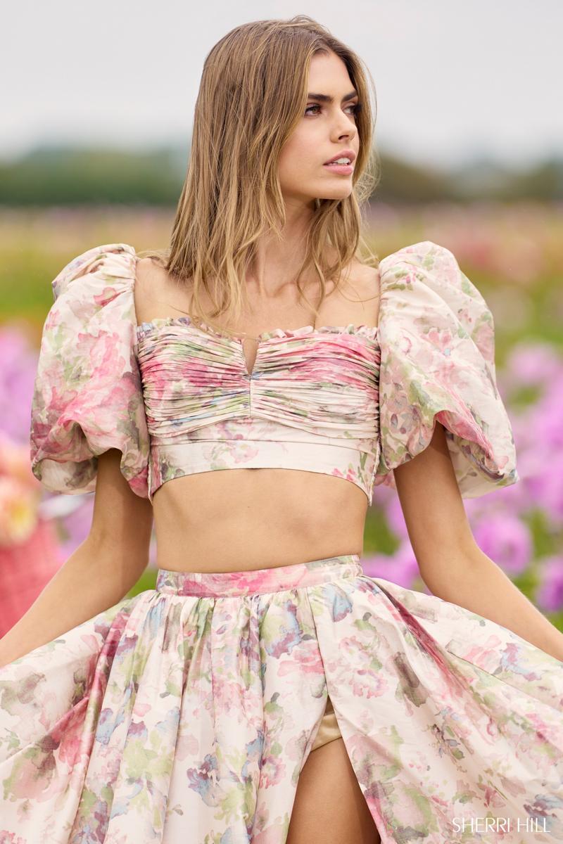 sherri hill pink two piece prom dress Sherri Hill Taffeta Two Piece Prom Dress 56248 Blush Print / 4