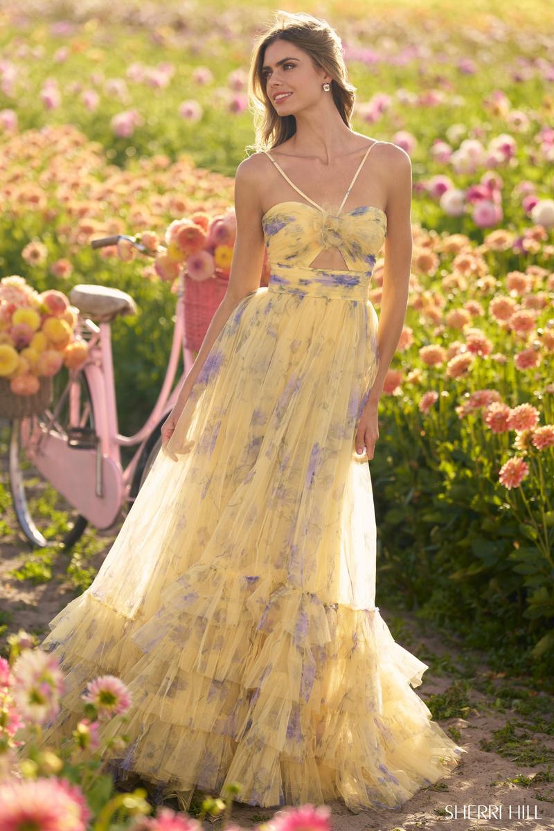 Sherri Hill Yellow Floral Rosette Ball Gown Prom Dress 56279
