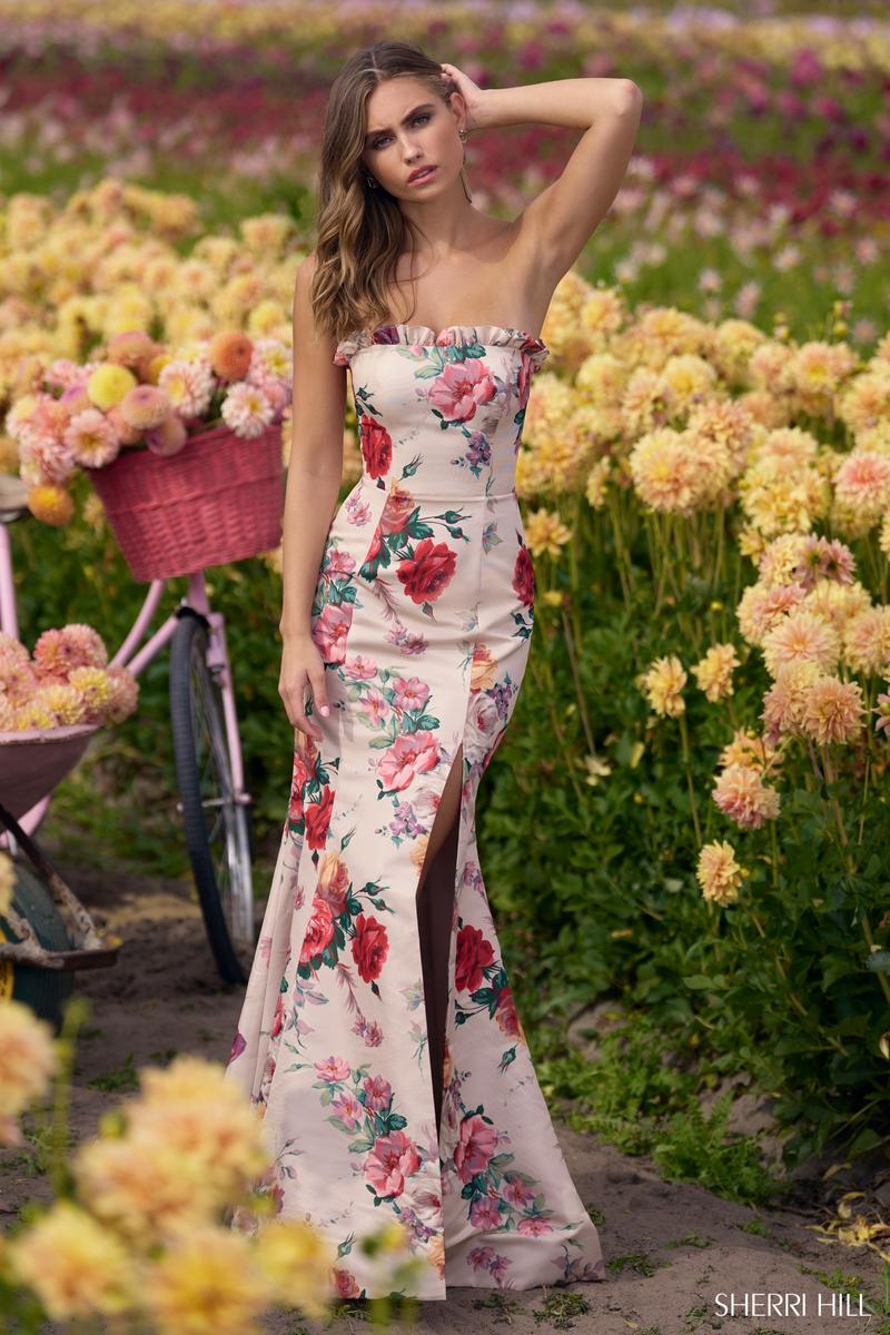Sherri Hill Strapless Floral Print Taffeta Dress 56283