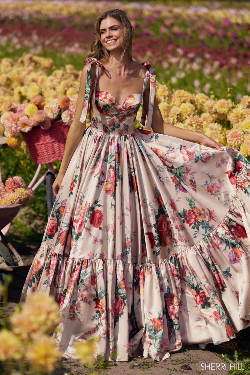 Sherri Hill Floral Print Long Prom Dress 56285