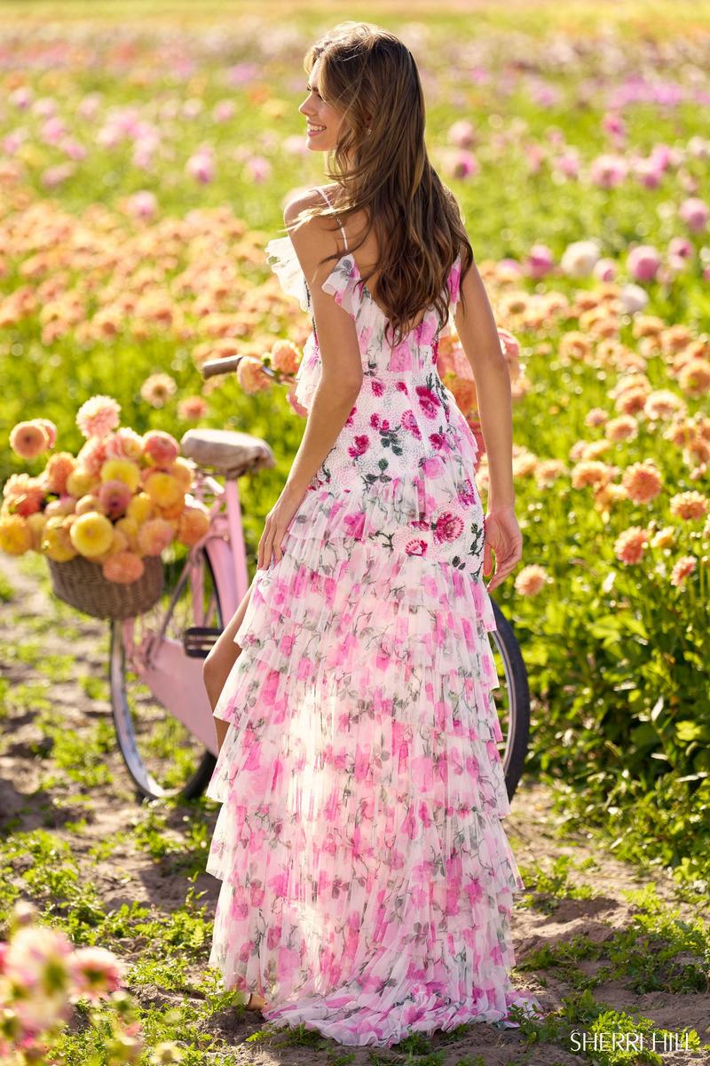 Sherri Hill Beaded Floral Ruffle Print Dress 56317