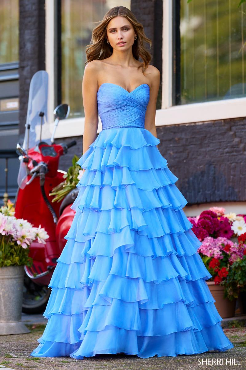 Sherri Hill Tiered Chiffon Strapless Dress 56346 Orange / 6 Sherri Hill Tiered Chiffon Strapless Dress 56346 Orange / 6