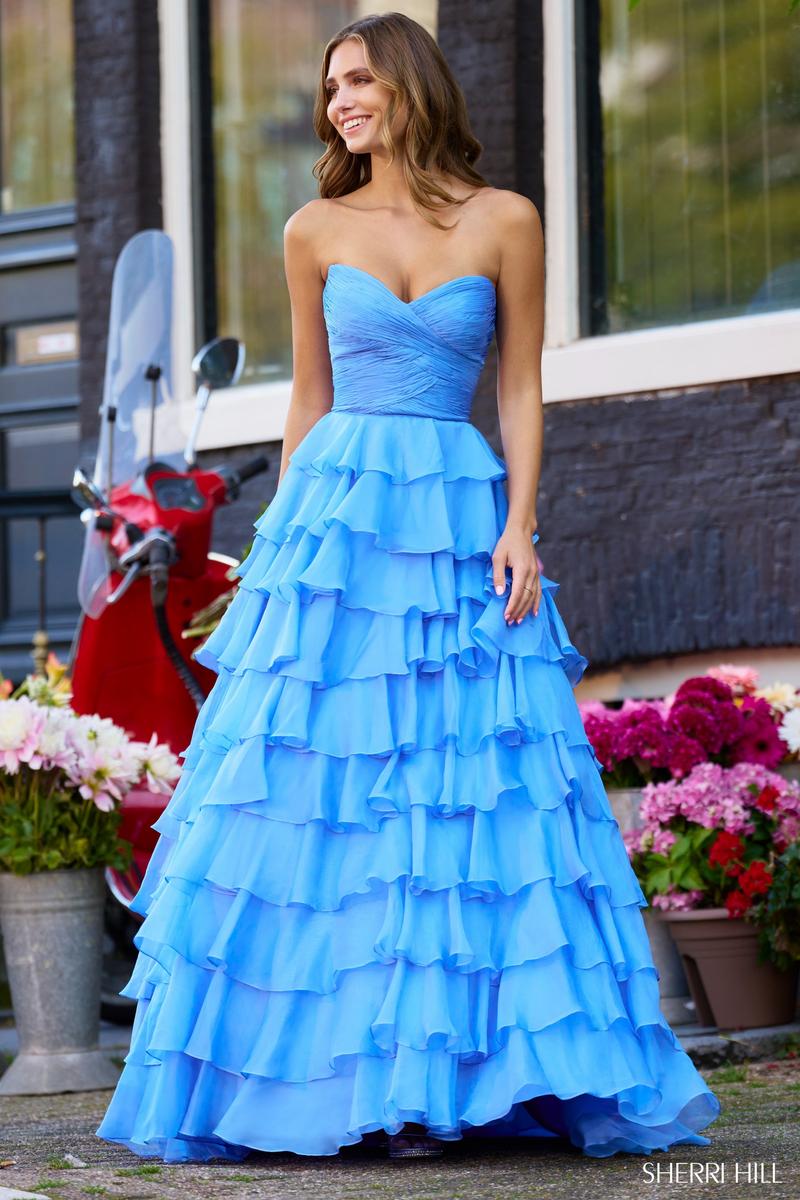 Sherri Hill Tiered Chiffon Strapless Dress 56346 Bright Fuchsia / 16 Sherri Hill Tiered Chiffon Strapless Dress 56346 Bright Fuchsia / 16