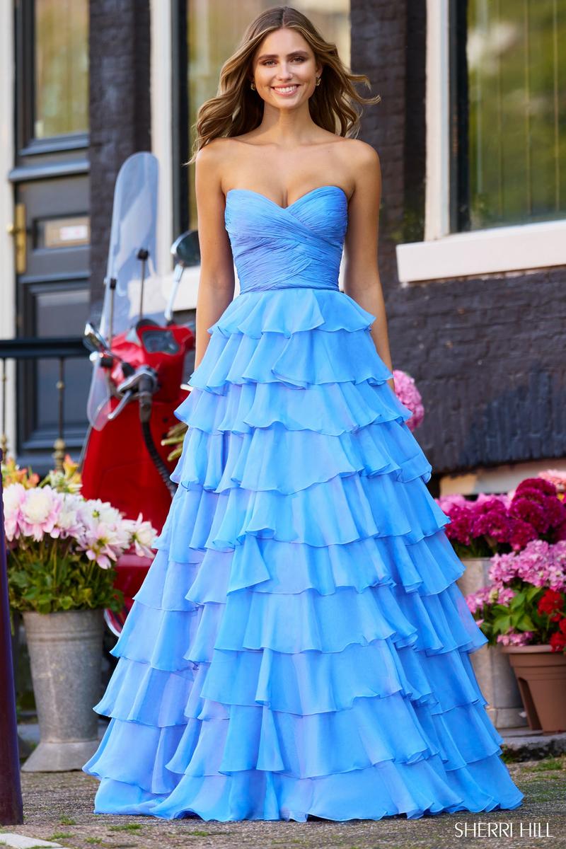Sherri Hill Tiered Chiffon Strapless Dress 56346 Orange / 6 Sherri Hill Tiered Chiffon Strapless Dress 56346 Orange / 6