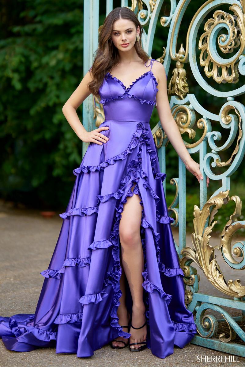 Sherri Hill Satin Ruffle Prom Dress 56353 Purple / 4 Sherri Hill Satin Ruffle Prom Dress 56353 Purple / 4