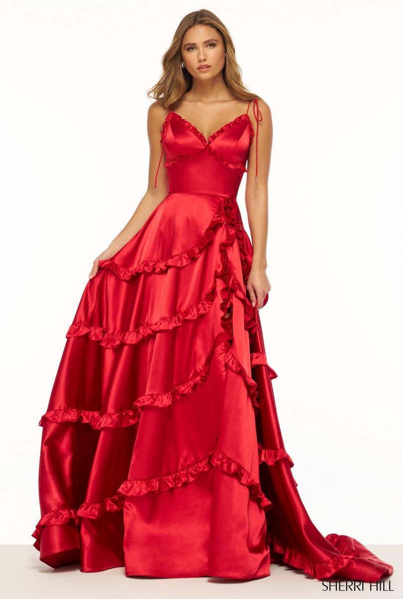 Sherri Hill Satin Ruffle Prom Dress 56353 Emerald / 00 Sherri Hill Satin Ruffle Prom Dress 56353 Emerald / 00