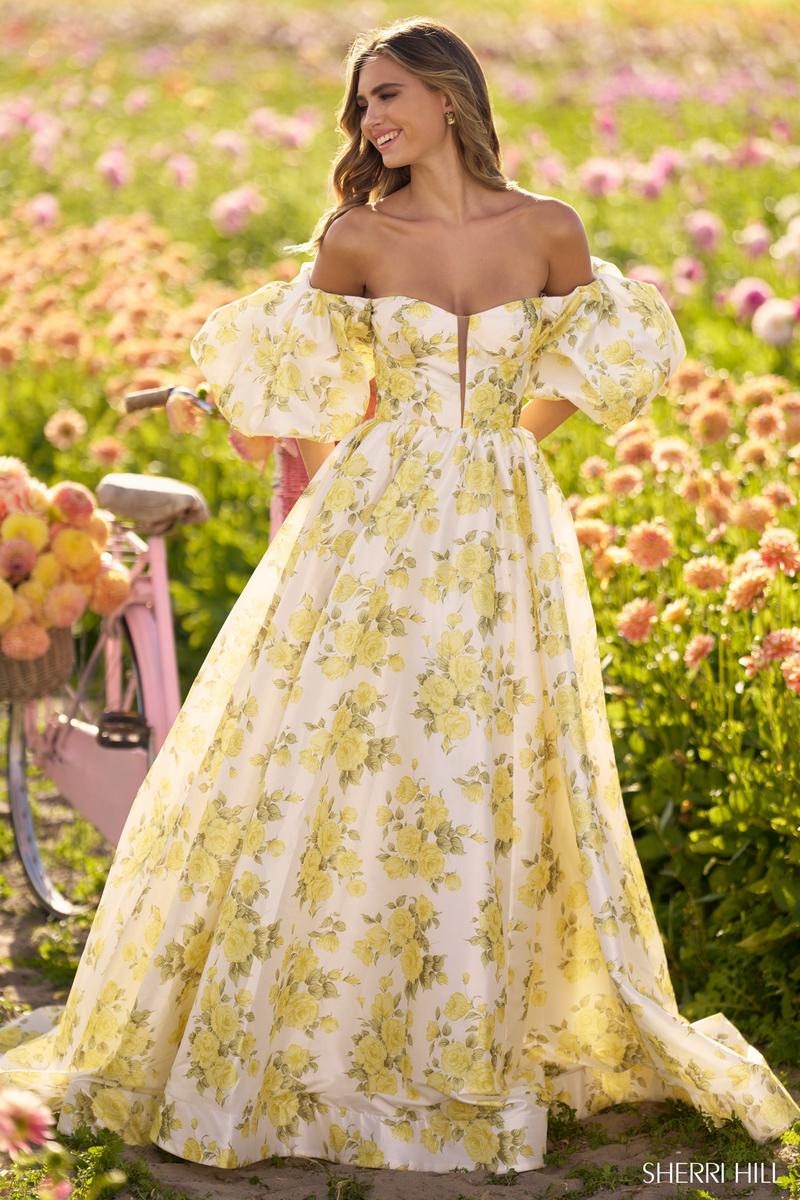 yellow sherri hill dress 57747 - Long A-Line cascading ruffles of lace and chiffon tumble into a flowy Sherri Hill Dress 56379