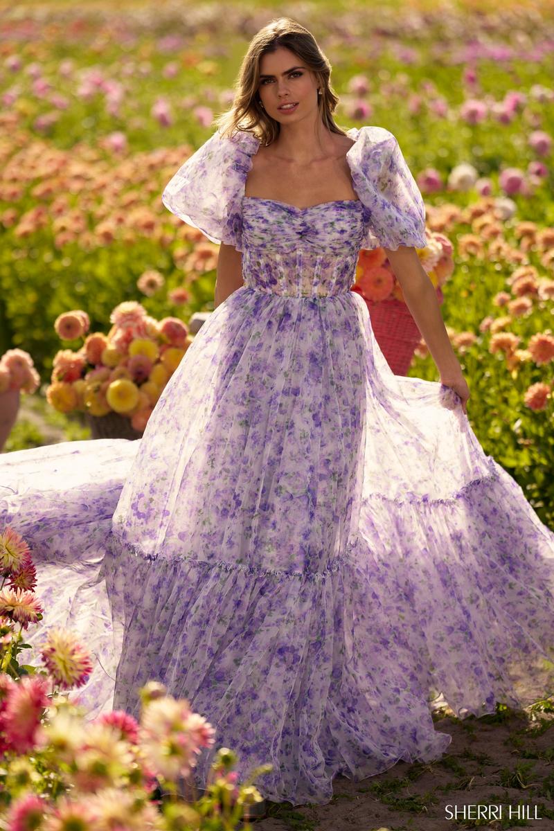 Sherri Hill Balloon Sleeve Floral Prom Dress 56381