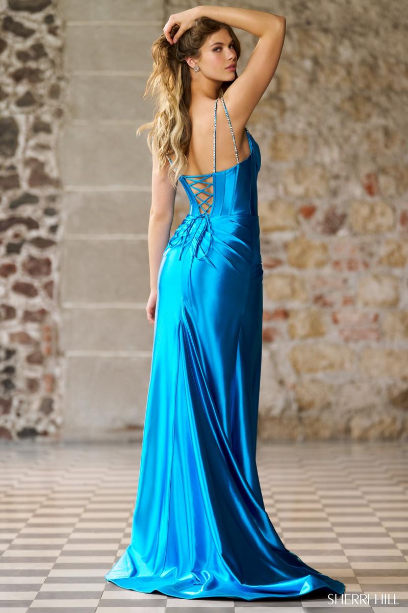 Sherri Hill Rhinestone Corset Ruched Prom Dress 56430 Royal / 8 Sherri Hill Rhinestone Corset Ruched Prom Dress 56430 Royal / 8