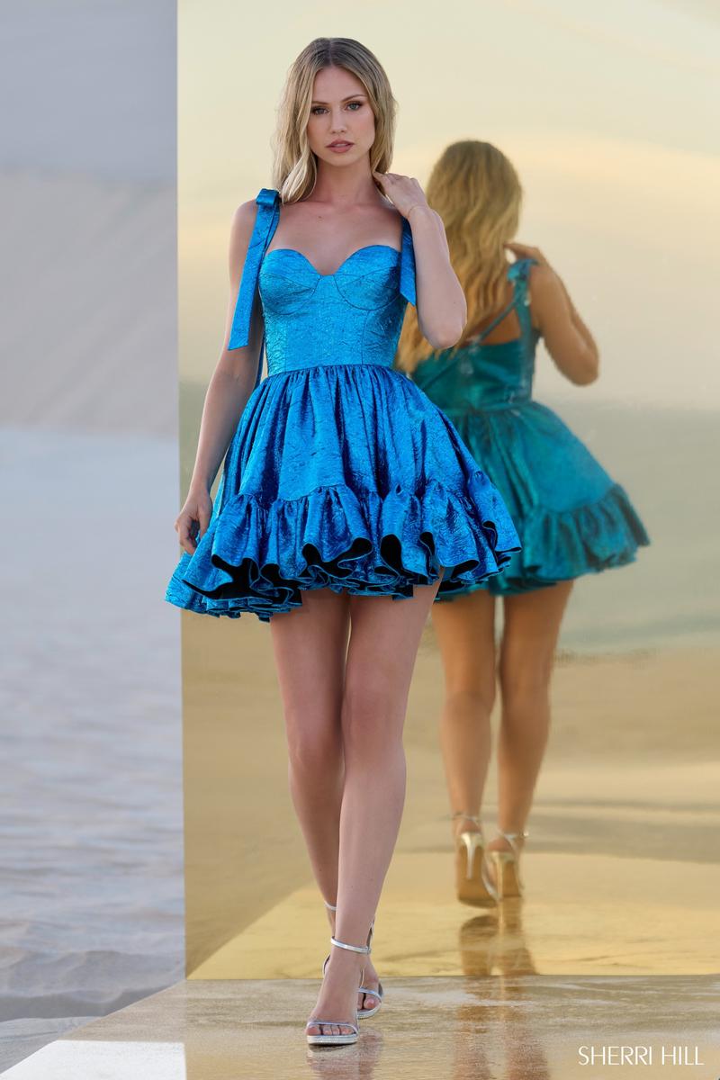 Sherri Hill Full Brocade Ruffle Homecoming Dress 56507 Turquoise/Coffee / 6 Sherri Hill Full Brocade Ruffle Homecoming Dress 56507 Turquoise/Coffee / 6