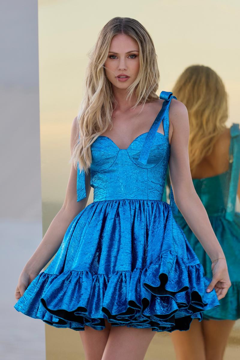 Sherri Hill Full Brocade Ruffle Homecoming Dress 56507 Turquoise/Coffee / 6 Sherri Hill Full Brocade Ruffle Homecoming Dress 56507 Turquoise/Coffee / 6