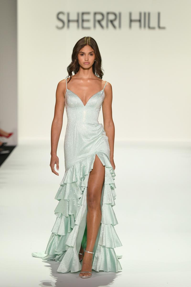 Sherri Hill Ruffle Heat Stone Prom Dress 56529 Light Green / 4 Sherri Hill Ruffle Heat Stone Prom Dress 56529 Light Green / 4