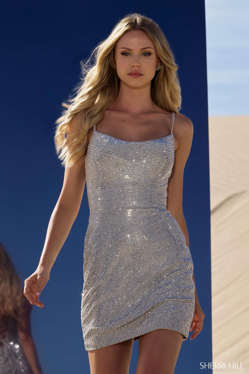 Sherri Hill Short Shimmery Homecoming Dress 56579 Gold / 8 Sherri Hill Short Shimmery Homecoming Dress 56579 Gold / 8